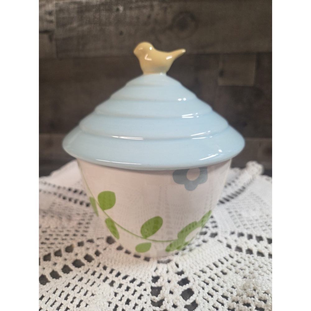 Hallmark Porcelain Floral Jar Blue Lid Yellow Bird 6" inch